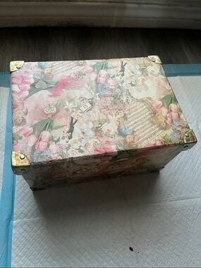 Vintage Pink Floral Trinket Box with Brass Hardware
